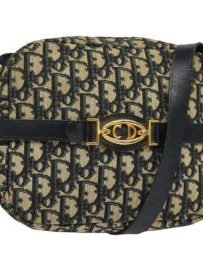 Authentic Christian Dior Trotter Canvas Shoulder Bag Navy Gold